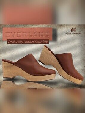 Everlane Women Sz 11M Conjac Premium Brasilian Leather And Wooden Platform Clogs